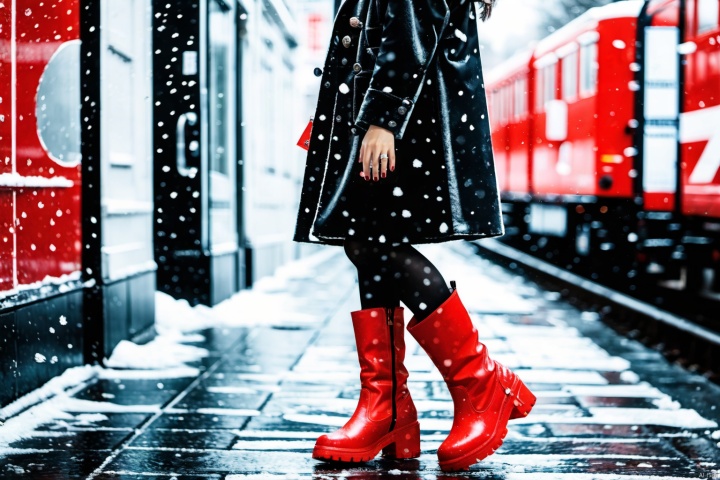  A girl,skirt,dark red boots,detailed facial details,detailed clothing texture details,detailed hair details,detailed skin details,photo level skin material texture,dindar light,fresnel reflection,8K,highres,movie filters,depth of field,cityscape,greco-roman architectur,street lamp,railway,building_ruins,night,stars,((winter)),(((snowflakes))),((red and white flowers)), qingyi,hair ornament, feicuixl