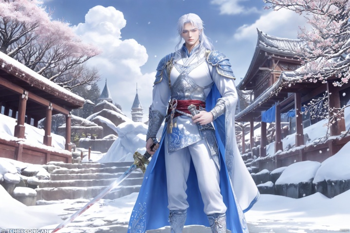  A handsome vampire boy, handsome appearance, ice blue pupils, long white hair, white clothes in the fantasy swordsman world, ice blue cloud fabric on the clothes, sword eyebrows, solid arms, standing in the ice and snow, background It is a shocking snow-colored castle. Next to it is a cherry blossom tree full of red cherry blossoms. He is holding a slender sword in his hand. The sword is dripping with a few drops of blood. At his feet lies a bloody nine-tailed fox demon. It is a movie level. Excellent picture quality, super sense of depth,