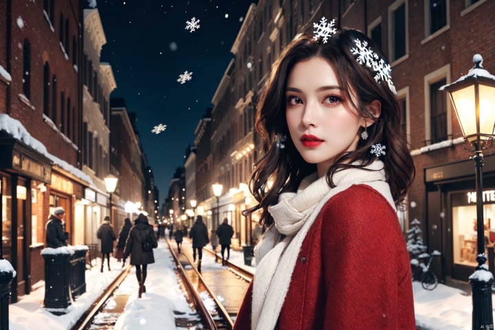 A girl,skirt,dark red boots,detailed facial details,detailed clothing texture details,detailed hair details,detailed skin details,photo level skin material texture,dindar light,fresnel reflection,8K,highres,movie filters,depth of field,cityscape,greco-roman architectur,street lamp,railway,building_ruins,night,stars,((winter)),(((snowflakes))),((red and white flowers)),