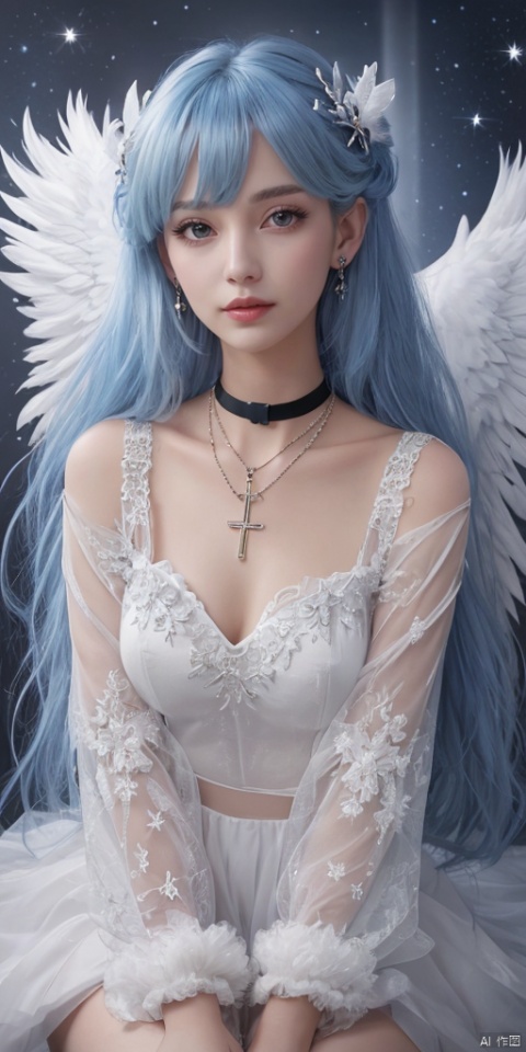  1girl, dance, Fairy, crystal, jewels,black, wings,Holy Light,As white as rosy clouds, 
1girl, solo, long hair, looking at viewer, blush, bangs, blue eyes, hair ornament, long sleeves, hair between eyes, jewelry, sitting, very long hair, closed mouth, blue hair, earrings, wings, choker, virtual youtuber, necklace, star \(symbol\), sweater, sleeves past wrists, black choker, halo, cross, feathered wings, puffy long sleeves, angel wings, star hair ornament, white wings, angel, star earrings, cross necklace, latin cross, star necklace,