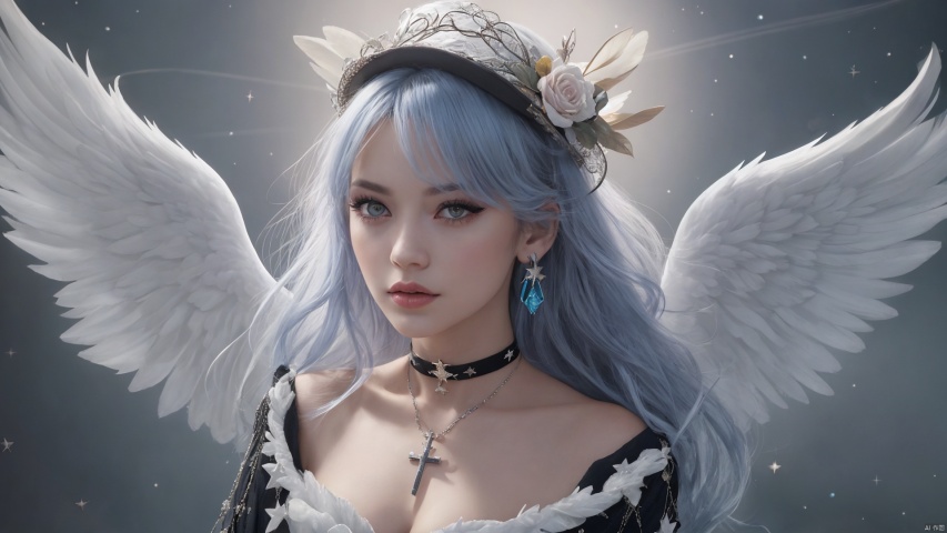  1girl, dance, Fairy, crystal, jewels,black, wings,Holy Light,As white as rosy clouds, solo, long hair, looking at viewer, blush, bangs, blue eyes, hair ornament, long sleeves, hair between eyes, jewelry, sitting, very long hair, closed mouth, blue hair, earrings, wings, choker, virtual youtuber, necklace, star \(symbol\), sweater, sleeves past wrists, black choker, halo, cross, feathered wings, puffy long sleeves, angel wings, star hair ornament, white wings, angel, star earrings, cross necklace, latin cross, star necklace,pink hair, hat1girl,Chinese girls,Holy Light,As white as rosy clouds,sweater,black choker,halo,cross,very long hair,blue hair,angel wings,star earrings,cross necklace,latin cross,star necklace,star \(symbol\),star hair ornament,,jewelry, earrings,lips, makeup, portrait, eyeshadow, realistic, nose,{{best quality}}, {{masterpiece}}, {{ultra-detailed}}, {illustration}, {detailed light}, {an extremely delicate and beautiful}, a girl, {beautiful detailed eyes}, stars in the eyes, messy floating hair, colored inner hair, Starry sky adorns hair, depth of field, large breasts,cleavage,blurry, no humans, traditional media, gem, crystal, still life, Dance,movements, All the Colours of the Rainbow,zj,