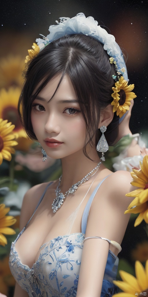 1girl,,Han Chinese girls,Blue and white Hanfu,chinese clothes,large breasts,sunflower,jewelry, earrings,lips, makeup, portrait, eyeshadow, realistic, nose,{{best quality}}, {{masterpiece}}, {{ultra-detailed}}, {illustration}, {detailed light}, {an extremely delicate and beautiful}, a girl, {beautiful detailed eyes}, stars in the eyes, messy floating hair, colored inner hair, Starry sky adorns hair, depth of field, large breasts,blurry, no humans, traditional media, gem, crystal, still life, Dance,movements, All the Colours of the Rainbow,zj,
simple background, shiny, blurry, no humans, depth of field, black background, gem, crystal, realistic, red gemstone, still life,