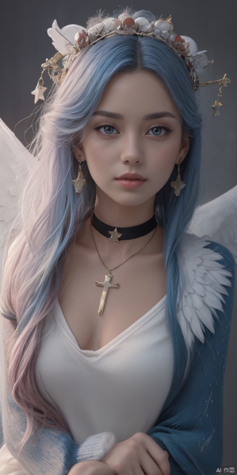  1girl, dance, Fairy, crystal, jewels,black, wings,Holy Light,As white as rosy clouds, 
1girl, solo, long hair, looking at viewer, blush, bangs, blue eyes, hair ornament, long sleeves, hair between eyes, jewelry, sitting, very long hair, closed mouth, blue hair, earrings, wings, choker, virtual youtuber, necklace, star \(symbol\), sweater, sleeves past wrists, black choker, halo, cross, feathered wings, puffy long sleeves, angel wings, star hair ornament, white wings, angel, star earrings, cross necklace, latin cross, star necklace,pink hair, hat1girl,Chinese girls,Holy Light,As white as rosy clouds,sweater,black choker,halo,cross,very long hair,blue hair,angel wings,star earrings,cross necklace,latin cross,star necklace,star \(symbol\),star hair ornament,,jewelry, earrings,lips, makeup, portrait, eyeshadow, realistic, nose,{{best quality}}, {{masterpiece}}, {{ultra-detailed}}, {illustration}, {detailed light}, {an extremely delicate and beautiful}, a girl, {beautiful detailed eyes}, stars in the eyes, messy floating hair, colored inner hair, Starry sky adorns hair, depth of field, large breasts,cleavage,blurry, no humans, traditional media, gem, crystal, still life, Dance,movements, All the Colours of the Rainbow,zj,