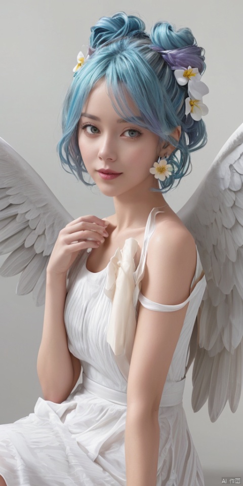  1girl, solo, short hair, simple background, black hair, jewelry, earrings, black eyes, lips, portrait, realistic,feathered wings, angel wings, white wings,zj,1girl, solo, looking at viewer, blush, smile, open mouth, bangs, blonde hair, hair ornament, dress, bare shoulders, blue hair, purple eyes, collarbone, flower, short sleeves, :d, multicolored hair, shoes, virtual youtuber, water, hair bun, white dress, streaked hair, see-through, petals, double bun, white footwear, white flower, pink flower, bubble, yellow flower