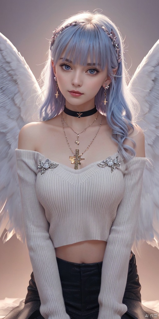  1girl, dance, Fairy, crystal, jewels,black, wings,Holy Light,As white as rosy clouds, 
1girl, solo, long hair, looking at viewer, blush, bangs, blue eyes, hair ornament, long sleeves, hair between eyes, jewelry, sitting, very long hair, closed mouth, blue hair, earrings, wings, choker, virtual youtuber, necklace, star \(symbol\), sweater, sleeves past wrists, black choker, halo, cross, feathered wings, puffy long sleeves, angel wings, star hair ornament, white wings, angel, star earrings, cross necklace, latin cross, star necklace,pink hair,
