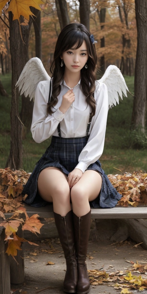  1girl, solo, short hair, simple background, black hair, jewelry, earrings, black eyes, lips, portrait, realistic,feathered wings, angel wings, white wings,zj,1girl, solo, long hair, looking at viewer, blush, bangs, skirt, blonde hair, shirt, hair ornament, long sleeves, brown eyes, sitting, closed mouth, white shirt, pantyhose, boots, outdoors, detached sleeves, sleeveless, day, hairclip, hand up, tree, blue skirt, plaid, black pantyhose, leaf, plaid skirt, brown footwear, suspenders, high-waist skirt, suspender skirt, ankle boots, bench, autumn leaves, autumn