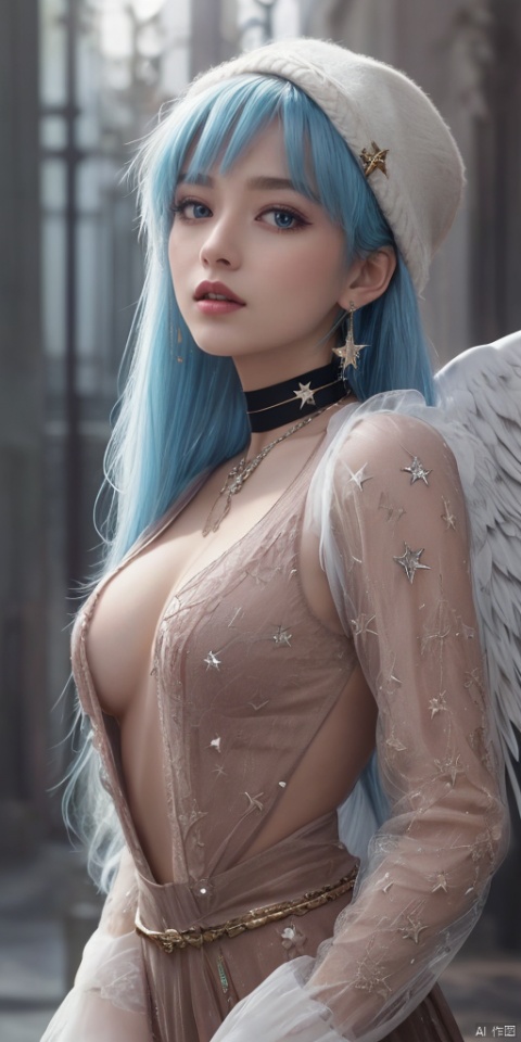  1girl, dance, Fairy, crystal, jewels,black, wings,Holy Light,As white as rosy clouds, solo, long hair, looking at viewer, blush, bangs, blue eyes, hair ornament, long sleeves, hair between eyes, jewelry, sitting, very long hair, closed mouth, blue hair, earrings, wings, choker, virtual youtuber, necklace, star \(symbol\), sweater, sleeves past wrists, black choker, halo, cross, feathered wings, puffy long sleeves, angel wings, star hair ornament, white wings, angel, star earrings, cross necklace, latin cross, star necklace,pink hair, hat1girl,Chinese girls,Holy Light,As white as rosy clouds,sweater,black choker,halo,cross,very long hair,blue hair,angel wings,star earrings,cross necklace,latin cross,star necklace,star \(symbol\),star hair ornament,,jewelry, earrings,lips, makeup, portrait, eyeshadow, realistic, nose,{{best quality}}, {{masterpiece}}, {{ultra-detailed}}, {illustration}, {detailed light}, {an extremely delicate and beautiful}, a girl, {beautiful detailed eyes}, stars in the eyes, messy floating hair, colored inner hair, Starry sky adorns hair, depth of field, large breasts,cleavage,blurry, no humans, traditional media, gem, crystal, still life, Dance,movements, All the Colours of the Rainbow,zj,