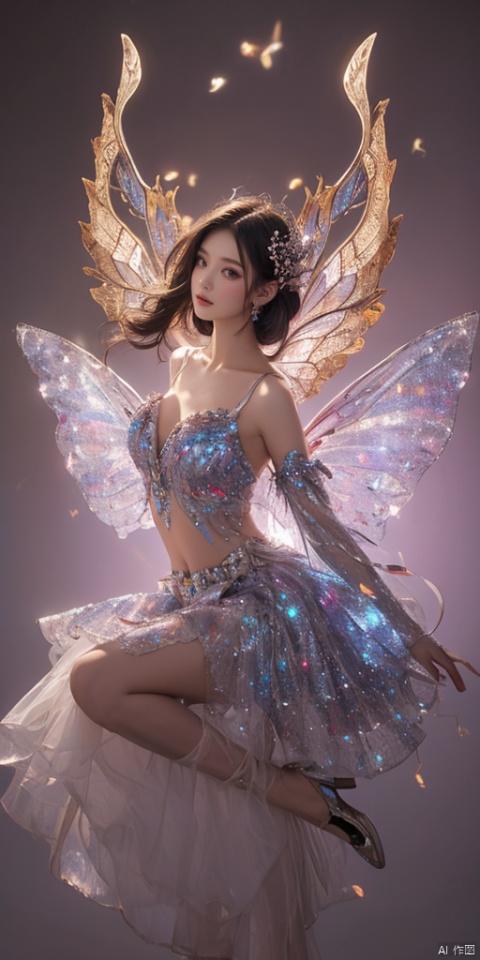  1girl,Metal wings,Fairy, crystal,jewels,dance