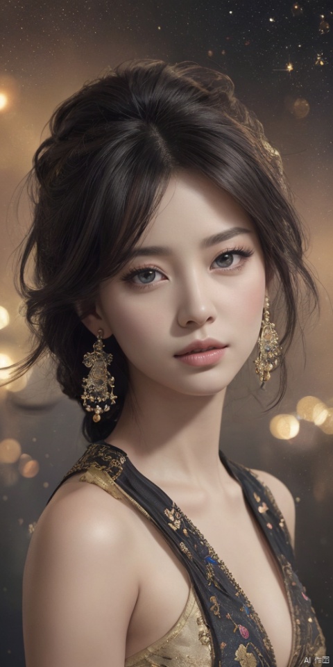  1girl,Han Chinese girls,yellow Hanfu,chinese clothes,large breasts,Black Rose,jewelry, earrings,lips, makeup, portrait, eyeshadow, realistic, nose,{{best quality}}, {{masterpiece}}, {{ultra-detailed}}, {illustration}, {detailed light}, {an extremely delicate and beautiful}, a girl, {beautiful detailed eyes}, stars in the eyes, messy floating hair, colored inner hair, Starry sky adorns hair, depth of field, large breasts,cleavage,blurry, no humans, traditional media, gem, crystal, still life, Dance,movements, All the Colours of the Rainbow,zj,
