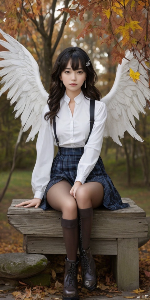  1girl, solo, short hair, simple background, black hair, jewelry, earrings, black eyes, lips, portrait, realistic,feathered wings, angel wings, white wings,zj,1girl, solo, long hair, looking at viewer, blush, bangs, skirt, blonde hair, shirt, hair ornament, long sleeves, brown eyes, sitting, closed mouth, white shirt, pantyhose, boots, outdoors, detached sleeves, sleeveless, day, hairclip, hand up, tree, blue skirt, plaid, black pantyhose, leaf, plaid skirt, brown footwear, suspenders, high-waist skirt, suspender skirt, ankle boots, bench, autumn leaves, autumn