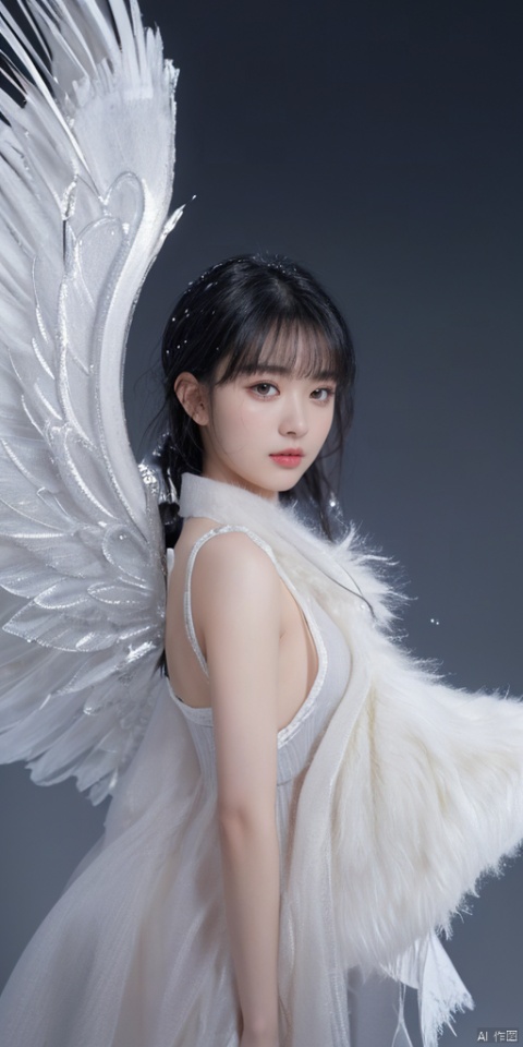  1girl,ice wings, Fairy, crystal,jewels
 1girl, ((snowy background)), black hair, floating hair, blush, looking at viewers, white glossy down jacket, happy, whole body, feeling snow, (studio light), soft light, dark style, night style, winter,(masterpiece:1,2), best quality, masterpiece, highres, original, extremely detailed wallpaper, perfect lighting,(extremely detailed CG:1.2), drawing, paintbrush, wings, jewels, , xiqing, sd_mai, hy,All the Colours of the Rainbow,