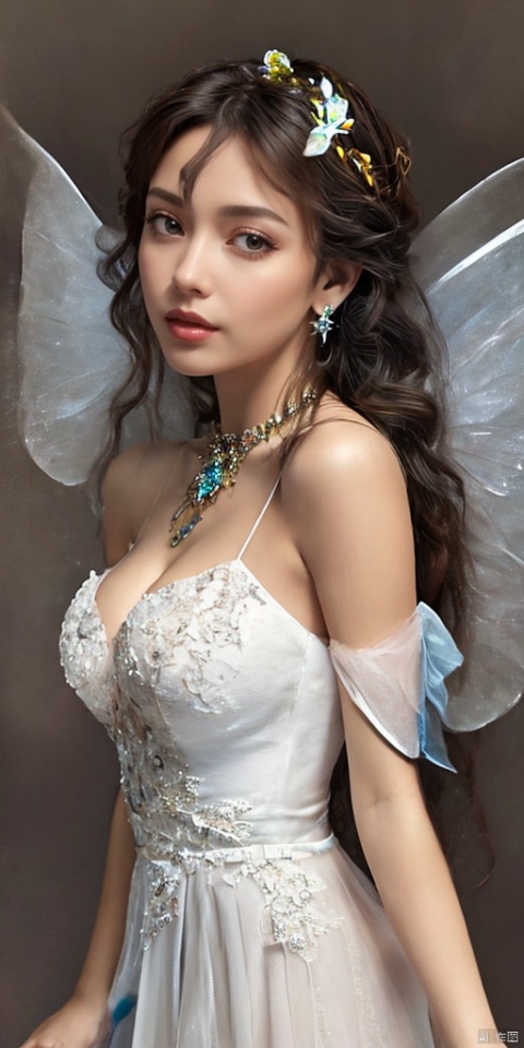  1girl, dance, Fairy, crystal, jewels,black, Crystal clear,solo, long hair, looking at viewer,black hair,jewelry, earrings,lips, makeup, portrait, eyeshadow, realistic, nose,{{best quality}}, {{masterpiece}}, {{ultra-detailed}}, {illustration}, {detailed light}, {an extremely delicate and beautiful}, a girl, {beautiful detailed eyes}, stars in the eyes, messy floating hair, colored inner hair, Starry sky adorns hair, depth of field, large breasts,cleavage,zj,
1girl, solo, long hair, breasts, black hair, hair ornament, dress, brown eyes, jewelry, full body, braid, flower, wings, barefoot, hair flower, grey background, necklace, white dress, twin braids, bracelet, lips, see-through, realistic, fairy wings, fairy, butterfly wings