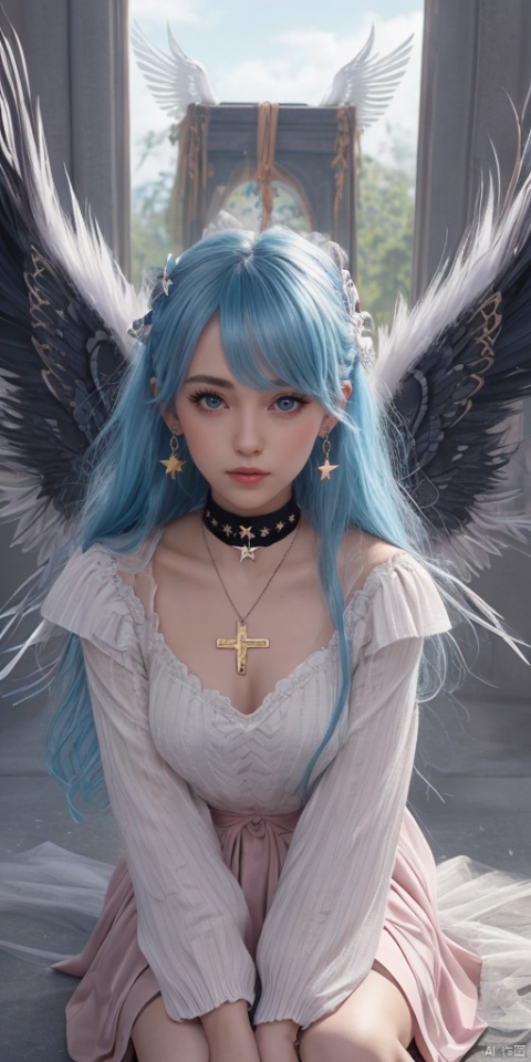 1girl, dance, Fairy, crystal, jewels,black, wings,Holy Light,As white as rosy clouds, 
1girl, solo, long hair, looking at viewer, blush, bangs, blue eyes, hair ornament, long sleeves, hair between eyes, jewelry, sitting, very long hair, closed mouth, blue hair, earrings, wings, choker, virtual youtuber, necklace, star \(symbol\), sweater, sleeves past wrists, black choker, halo, cross, feathered wings, puffy long sleeves, angel wings, star hair ornament, white wings, angel, star earrings, cross necklace, latin cross, star necklace,pink hair,pleated skirt,bow, ribbon,