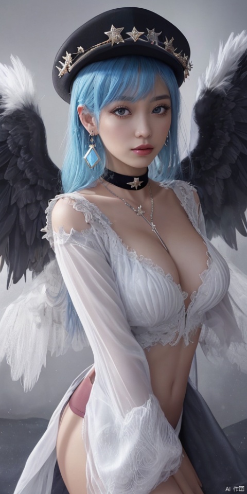  1girl, dance, Fairy, crystal, jewels,black, wings,Holy Light,As white as rosy clouds, solo, long hair, looking at viewer, blush, bangs, blue eyes, hair ornament, long sleeves, hair between eyes, jewelry, sitting, very long hair, closed mouth, blue hair, earrings, wings, choker, virtual youtuber, necklace, star \(symbol\), sweater, sleeves past wrists, black choker, halo, cross, feathered wings, puffy long sleeves, angel wings, star hair ornament, white wings, angel, star earrings, cross necklace, latin cross, star necklace,pink hair, hat1girl,Chinese girls,Holy Light,As white as rosy clouds,sweater,black choker,halo,cross,very long hair,blue hair,angel wings,star earrings,cross necklace,latin cross,star necklace,star \(symbol\),star hair ornament,,jewelry, earrings,lips, makeup, portrait, eyeshadow, realistic, nose,{{best quality}}, {{masterpiece}}, {{ultra-detailed}}, {illustration}, {detailed light}, {an extremely delicate and beautiful}, a girl, {beautiful detailed eyes}, stars in the eyes, messy floating hair, colored inner hair, Starry sky adorns hair, depth of field, large breasts,cleavage,blurry, no humans, traditional media, gem, crystal, still life, Dance,movements, All the Colours of the Rainbow,zj,