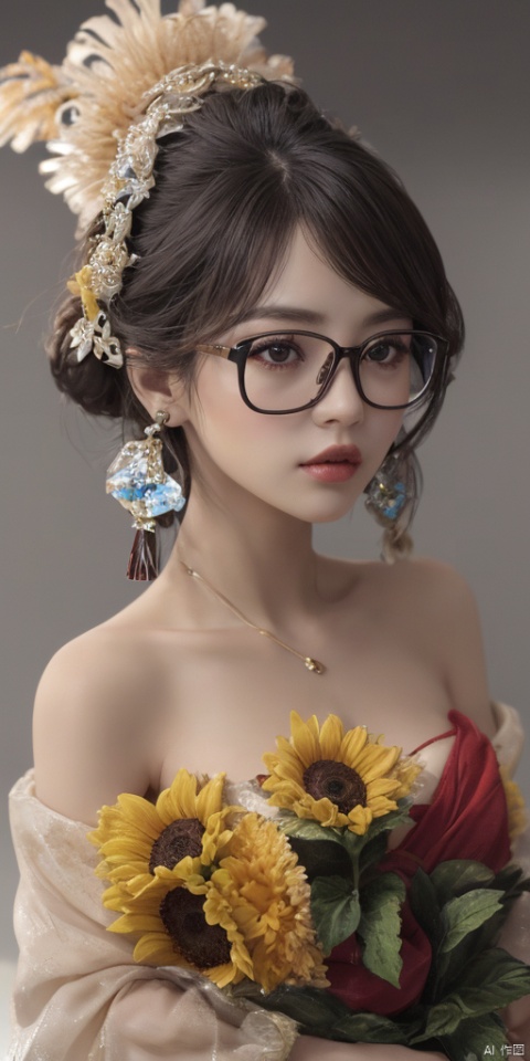  1girl,Han Chinese girls,sparkle,yellow Hanfu,Frameless glasses,chinese clothes,large breasts,sunflower,jewelry, earrings,lips, makeup, portrait, eyeshadow, realistic, nose,{{best quality}}, {{masterpiece}}, {{ultra-detailed}}, {illustration}, {detailed light}, {an extremely delicate and beautiful}, a girl, {beautiful detailed eyes}, stars in the eyes, messy floating hair, colored inner hair, Starry sky adorns hair, depth of field, large breasts,cleavage,blurry, no humans, traditional media, gem, crystal, still life, Dance,movements, All the Colours of the Rainbow,zj,
simple background, shiny, blurry, no humans, depth of field, black background, gem, crystal, realistic, red gemstone, still life,
