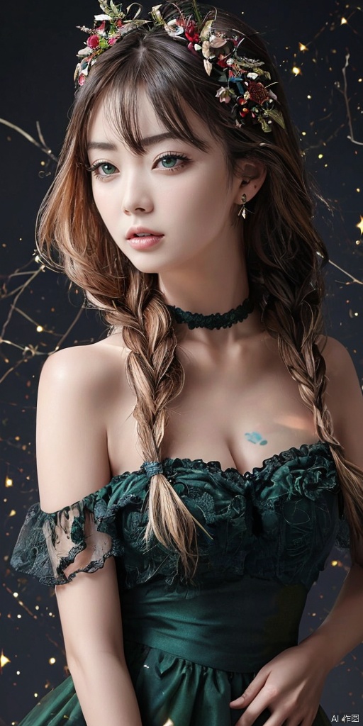  1girl, solo, long hair, simple background, black hair, dress, bare shoulders, standing, full body, braid, barefoot, single braid, strapless, black background, hair over shoulder, green dress, realistic,Chinese girls,jewelry, earrings,lips, makeup, portrait, eyeshadow, realistic, nose,{{best quality}}, {{masterpiece}}, {{ultra-detailed}}, {illustration}, {detailed light}, {an extremely delicate and beautiful}, a girl, {beautiful detailed eyes}, stars in the eyes, messy floating hair, colored inner hair, Starry sky adorns hair, depth of field, large breasts,cleavage,blurry, no humans, traditional media, gem, crystal, still life, Dance,movements, All the Colours of the Rainbow,zj,
simple background, shiny, blurry, no humans, depth of field, black background, gem, crystal, realistic, red gemstone, still life,
, jewels,Fairyland Collection Dark Fairy Witch Spirit Forest with Magic Ball On Crystal Stone Figurine, 
