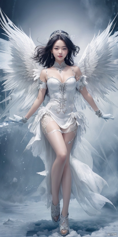  1girl,ice wings, Fairy, crystal,jewels
 1girl, ((snowy background)), black hair, floating hair, blush, looking at viewers, white glossy down jacket, happy, whole body, feeling snow, (studio light), soft light, dark style, night style, winter,(masterpiece:1,2), best quality, masterpiece, highres, original, extremely detailed wallpaper, perfect lighting,(extremely detailed CG:1.2), drawing, paintbrush, wings, jewels, , xiqing, sd_mai, hy, msheying, sulong,gray background, blackpantyhose
