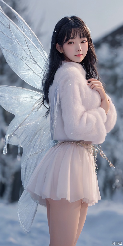  1girl,ice wings, Fairy, crystal,jewels,((snowy background)), black hair, floating hair, blush, looking at viewers, white glossy down jacket, happy, whole body, feeling snow, (studio light), soft light, dark style, night style, winter,(masterpiece:1,2), best quality, masterpiece, highres, original, extremely detailed wallpaper, perfect lighting,(extremely detailed CG:1.2) wings, jewels,blackpantyhose,huangyuyao