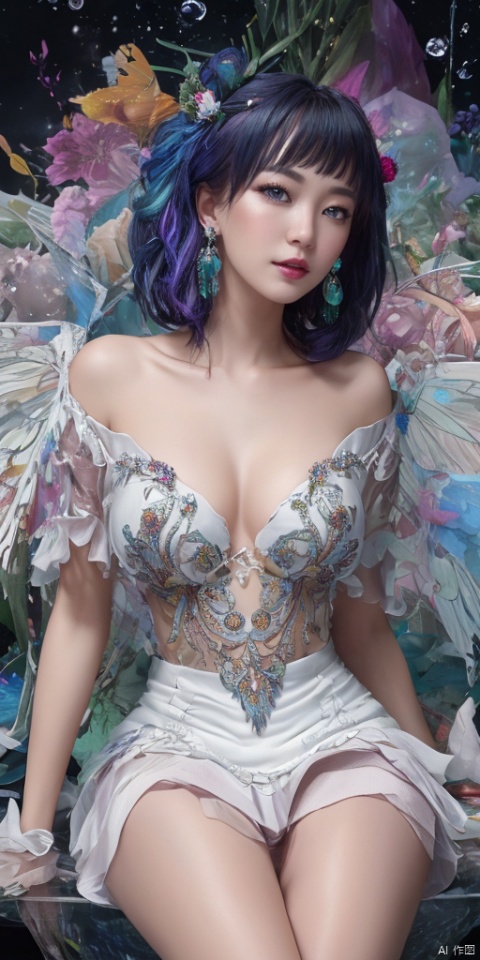  (1girl:1.2),Chinese girls,stars in the eyes, (Short skirt:1.4),(1girl:1.3),Masterpiece, high quality, 1girl, extreme detailed, (fractal art:1.3), colorful, highest detailed, (chiffon, body painting:1.2), 8k, digital art, macro photo, quantum dots, sharp focus, dark shot, cinematic, Microworld, thigh, (upper thighs shot:1.2), front view,(pure girl:1.1),(white dress:1.1),(full body:0.6),There are many scattered luminous petals,bubble,contour deepening,(white_background:1.1),cinematic angle,,underwater,adhesion,green long upper shan, 21yo girl,jewelry, earrings,lips, makeup, portrait, eyeshadow, realistic, nose,{{best quality}}, {{masterpiece}}, {{ultra-detailed}}, {illustration}, {detailed light}, {an extremely delicate and beautiful}, a girl, {beautiful detailed eyes}, stars in the eyes, messy floating hair, colored inner hair, Starry sky adorns hair, depth of field, large breasts,cleavage,blurry, no humans, traditional media, gem, crystal, still life, Dance,movements, All the Colours of the Rainbow,halo,cable,realistic,smile,nail polish,lips,sitting,very long hair,flower,zj,
simple background, shiny, blurry, no humans, depth of field, black background, gem, crystal, realistic, red gemstone, still life,
, jewelsFairyland Collection Dark Fairy Witch Spirit Forest with Magic Ball On Crystal Stone Figurine, 
, hand, thighhighs, jewels