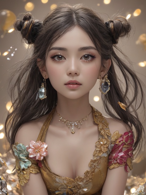  1girl,Han Chinese girls,sparkle,yellow Hanfu,chinese clothes,large breasts,jewelry, earrings,lips, makeup, portrait, eyeshadow, realistic, nose, (1girl:1.3),Masterpiece, high quality, 1girl, extreme detailed, (fractal art:1.3), colorful, highest detailed, 8k, digital art, macro photo, quantum dots, sharp focus, dark shot, cinematic, Microworld, thigh, (upper thighs shot:1.2), front view,{{best quality}}, {{masterpiece}}, {{ultra-detailed}}, {illustration}, {detailed light}, {an extremely delicate and beautiful}, a girl, {beautiful detailed eyes}, stars in the eyes, messy floating hair, colored inner hair, Starry sky adorns hair, depth of field, large breasts,cleavage,blurry, no humans, traditional media, gem, crystal, still life, Dance,movements, All the Colours of the Rainbow,zj,
simple background, shiny, blurry, no humans, depth of field, black background, gem, crystal, realistic, red gemstone, still life,
