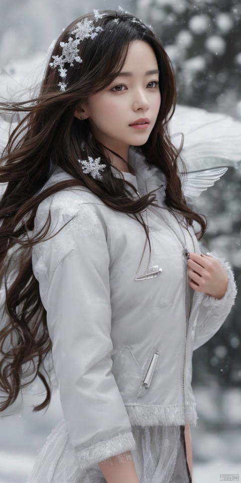  1girl,ice wings, Fairy, crystal,jewels
 1girl, ((snowy background)), black hair, floating hair, blush, looking at viewers, white glossy down jacket, happy, whole body, feeling snow, (studio light), soft light, dark style, night style, winter,(masterpiece:1,2), best quality, masterpiece, highres, original, extremely detailed wallpaper, perfect lighting,(extremely detailed CG:1.2), drawing, paintbrush, wings, jewels, , xiqing, sd_mai, hy,All the Colours of the Rainbow,