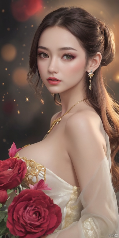  1girl, and discernment, Princess Dresses for Girl 3-8 Birthday Gift ,Han Chinese girls,yellow Hanfu,chinese clothes,large breasts,red rose,jewelry, earrings,lips, makeup, portrait, eyeshadow, realistic, nose,{{best quality}}, {{masterpiece}}, {{ultra-detailed}}, {illustration}, {detailed light}, {an extremely delicate and beautiful}, a girl, {beautiful detailed eyes}, stars in the eyes, messy floating hair, colored inner hair, Starry sky adorns hair, depth of field, large breasts,cleavage,blurry, no humans, traditional media, gem, crystal, still life, Dance,movements, All the Colours of the Rainbow,zj,
simple background, shiny, blurry, no humans, depth of field, black background, gem, crystal, realistic, red gemstone, still life,
