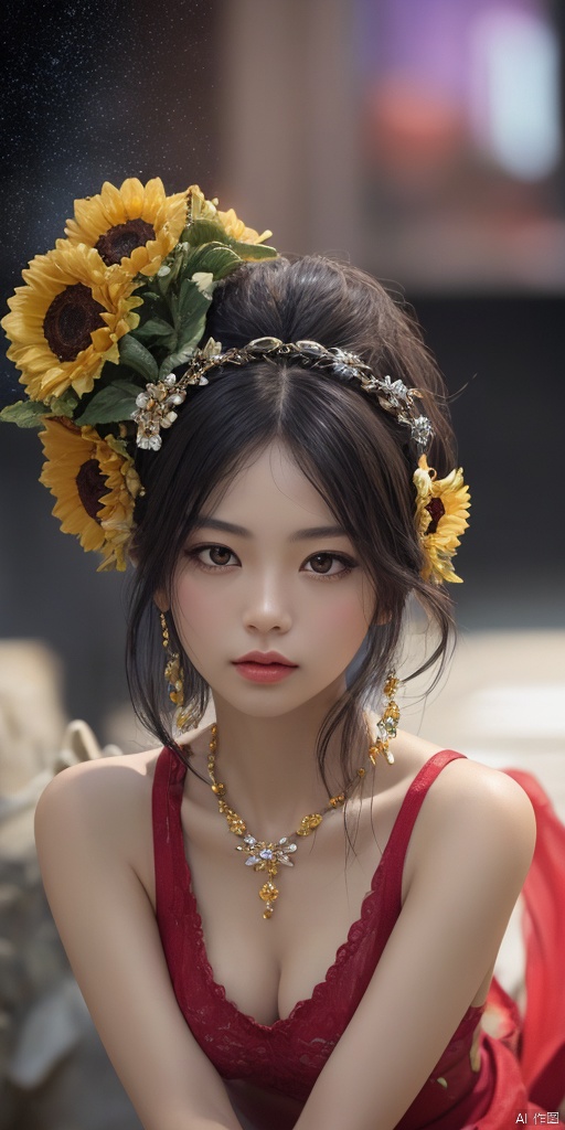 1girl,,Han Chinese girls,yellow Hanfu,chinese clothes,large breasts,sunflower,jewelry, earrings,lips, makeup, portrait, eyeshadow, realistic, nose,{{best quality}}, {{masterpiece}}, {{ultra-detailed}}, {illustration}, {detailed light}, {an extremely delicate and beautiful}, a girl, {beautiful detailed eyes}, stars in the eyes, messy floating hair, colored inner hair, Starry sky adorns hair, depth of field, large breasts,cleavage,blurry, no humans, traditional media, gem, crystal, still life, Dance,movements, All the Colours of the Rainbow,zj,
simple background, shiny, blurry, no humans, depth of field, black background, gem, crystal, realistic, red gemstone, still life,
