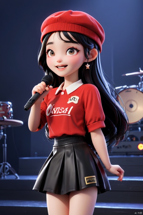  1girl, arima kana, oshi no ko, solo, idol, idol clothes, one eye closed, red shirt, black skirt, black headwear, gloves, stage light, singing, open mouth, crowd, smile, pointing at viewer, masterpiece, best quality,