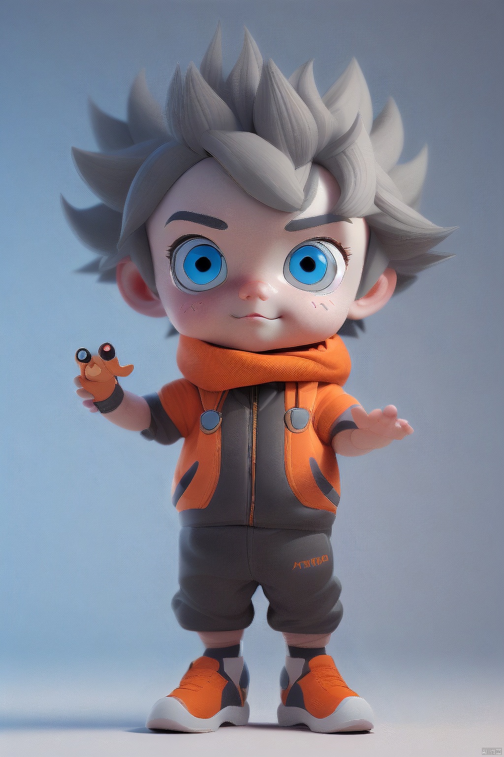  A cute and technological IP with eyes and babies as the theme
, 3d stely,colorful,Grey hair, orange clothes, boy