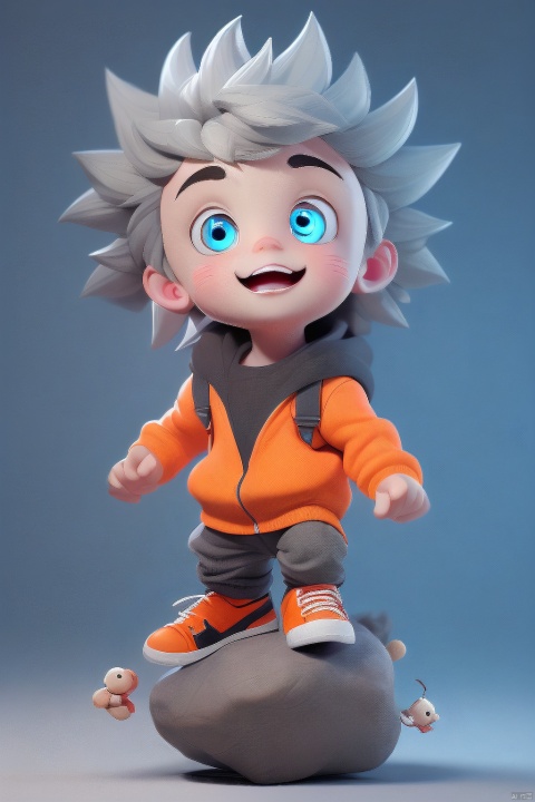  A cute and technological IP with eyes and babies as the theme
, 3d stely,colorful,Grey hair, orange clothes, boy