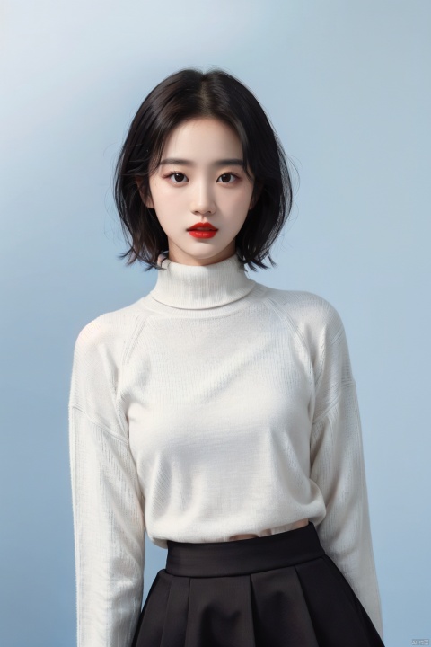  1girl, solo, black hair, looking at viewer, short hair, parted lips, red lips, upper body, blue background, black eyes, lips, shirt, teeth, sweater, turtleneck, bangs, simple background, black shirt, makeup, lipstick, UHD, anatomically correct, ccurate, textured skin, 16k, flowing skirts,Giant flowers, liuyifei