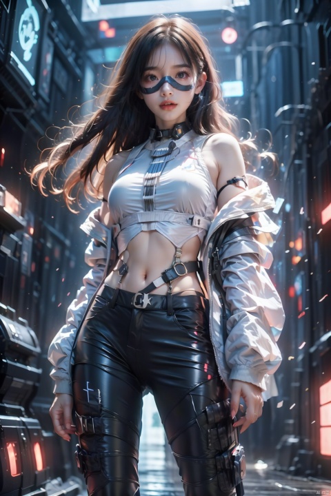  best quality,masterpiece,simple background,1girl,solo,solo focus,saori \(blue archive\),long hair,black hair,halo,(mouth mask:1.4),standing,looking at viewer,glowing eye,open clothes,off shoulder,coat,crop top,chest harness,black pants,thigh holster,snap-fit buckle,close-up,hand in pocket, (\shuang hua\)