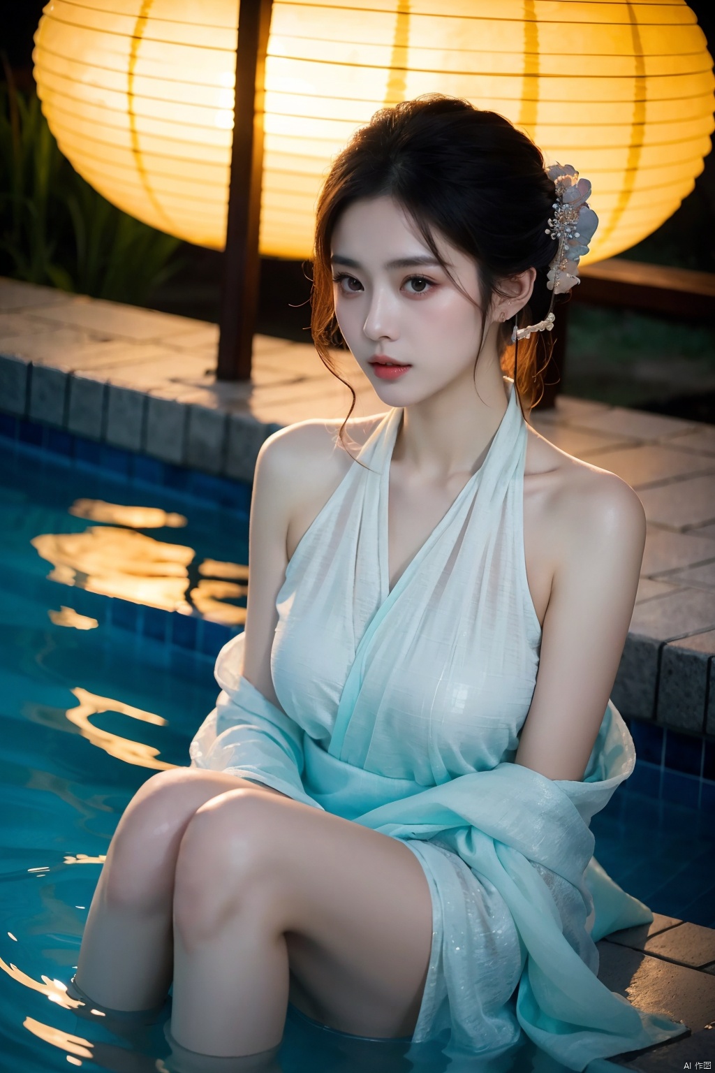  High quality, masterpiece, cinematic texture, Chinese elements, 1 girl bathing in the pool, (wrapped in a gauze: 1.2), (with a large amount of water vapor on the surface), (hot spring), lantern, night,Song style Hanfu,smog,8K Ultra HD, clear and bright image quality, highly refined, extremely fine, chang, （\personality\）