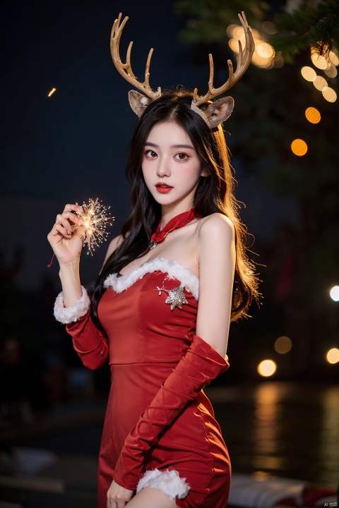 1 girl, red dress, Christmas, bare shoulders, deer antlers, (cowboy close-up), standing, exquisite eyes, outdoor, night, cityscape, snowfall, elegant posture, (extremely exquisite and beautiful), (best quality), (masterpiece), complex details, (masterpiece, high-quality, best quality), fireworks,