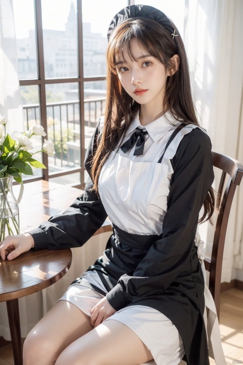 1girl, maid, solo, maid_headdress, long_hair, apron, broom, looking_at_viewer, brown_hair, sitting, indoors, flower, maid_apron, long_sleeves, window, dress, black_dress, bangs, black_footwear, frills, yellow_eyes, white_apron, brown_eyes, vase, white_flower, closed_mouth, puffy_sleeves, table