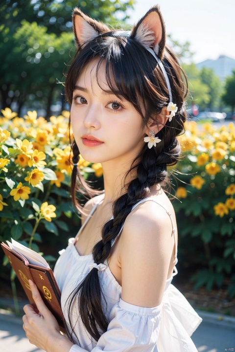  1girl, solo, long hair, looking at viewer, blush, smile, bangs, hair ornament, bow, animal ears, jewelry, yellow eyes, upper body, pink hair, braid, flower, hair bow, hairband, earrings, outdoors, parted lips, alternate costume, cat ears, from side, looking to the side, book, single braid, blue bow, plant, white flower, hair over shoulder, floppy ears, goldenglow \(arknights\), jiqing, 1 girl,moyou