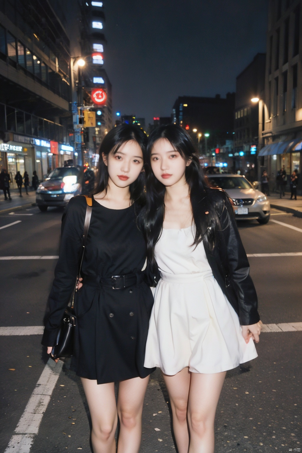 2 girls, full body shots, city, street, bustling, selfies,