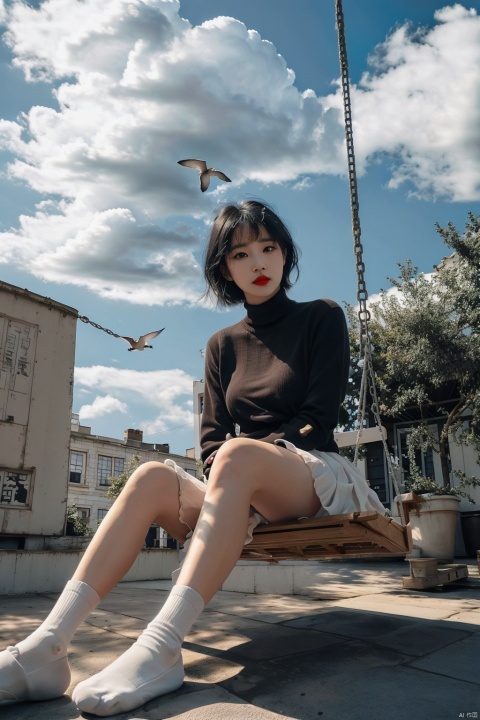 1girl, solo, black hair, looking at viewer, short hair, parted lips, red lips, upper body, blue background, black eyes, lips, shirt, teeth, sweater, turtleneck, bangs, simple background, black shirt, makeup, lipstick, UHD, anatomically correct, ccurate, textured skin, 16k, flowing skirts,Giant flowers, liuyifei 1girl,solo,sitting,sky,clouds,outdoors,black hair,bird,blue sky,white socks,daytime,building,long sleeves,long hair,playing on the swing,bangs,cloudy sky,wide_shot,hand between legs, plns