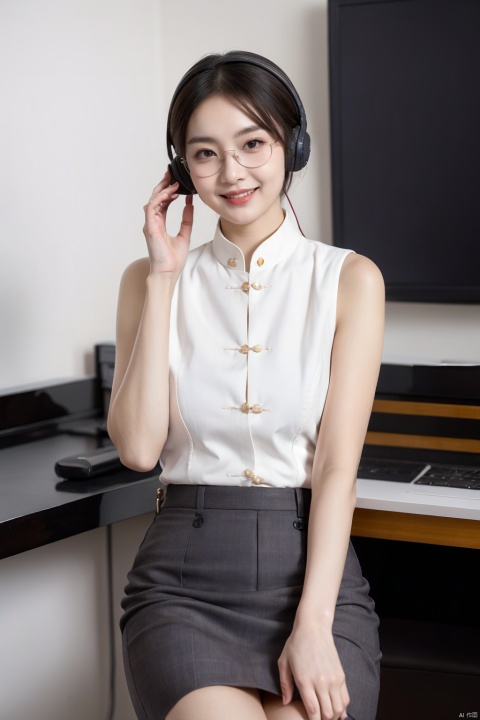 Chinese girl, customer service, telephone customer service, smile, headphones, earphones, black ear length short hair, straight hair, wearing glasses, round face, full body, elegant, full and tall figure, suspender, facial details, photography, intelligent temperament, authenticity, movie, beautiful and elegant, ultra clear rendering, photo realistic style