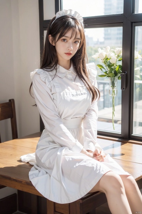 1girl, maid, solo, maid_headdress, long_hair, apron, broom, looking_at_viewer, brown_hair, sitting, indoors, flower, maid_apron, long_sleeves, window, dress, black_dress, bangs, black_footwear, frills, yellow_eyes, white_apron, brown_eyes, vase, white_flower, closed_mouth, puffy_sleeves, table