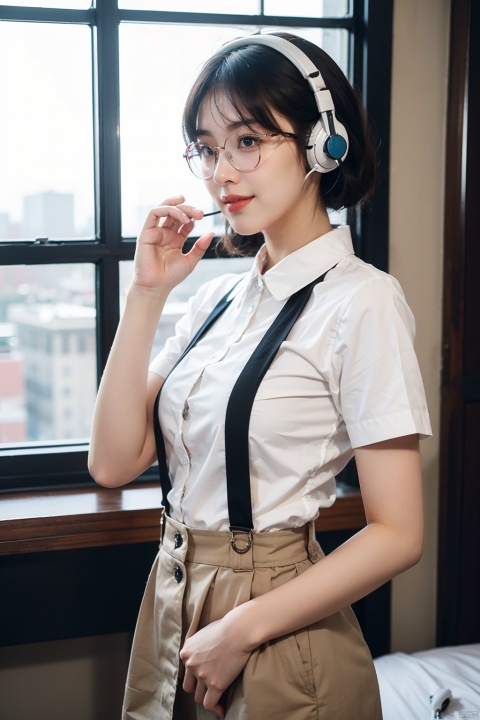  Chinese girl, customer service, telephone customer service, smile, headphones, earphones, black ear length short hair, straight hair, wearing glasses, round face, full body, elegant, full and tall figure, suspender, facial details, photography, intelligent temperament, authenticity, movie, beautiful and elegant, ultra clear rendering, photo realistic style