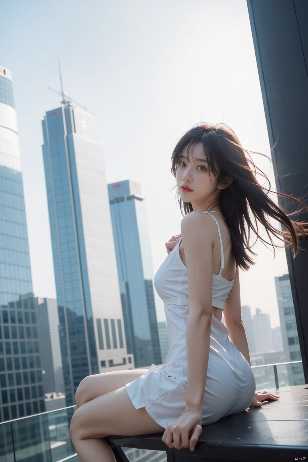Extremely realistic detailed, high-quality ultra wide angle lens photography, from a Chinese fashion style girl, modern style seated on the edge of skyscrapers, we can see her from bottom, her hair moving in wind