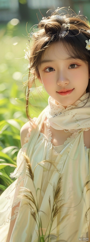  1girl, white dress, (scarf), wind, petal
, (/qingning/), (\MBTI\), babata