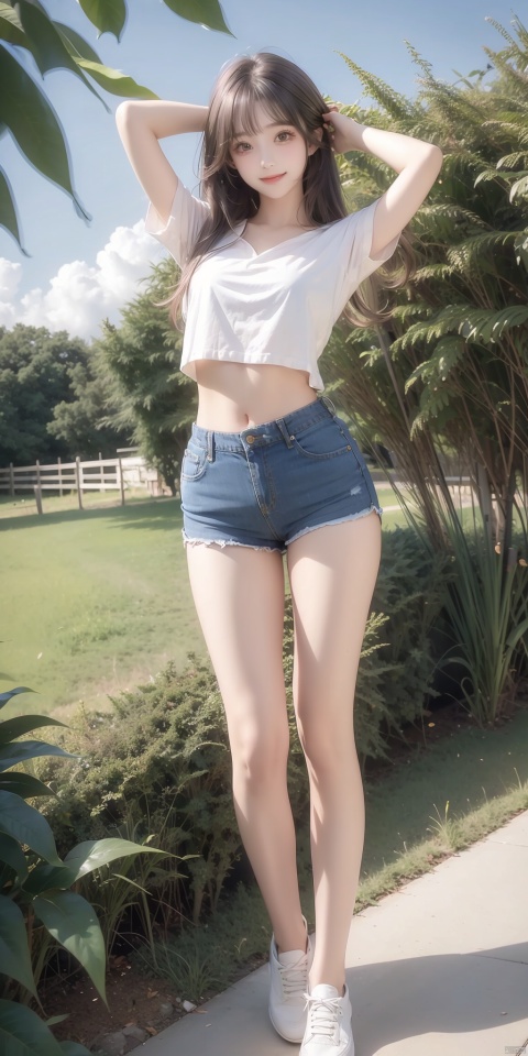  (((best))),8k,UHD,((masterpiece)),1girl,solo,full body,sliver hair,Depth of field,outdoors,shorts,sky,long hair,cloud,navel,falling leaves,cutoffs,arms up,crop top,smile,grass,windmill,midriff,day,black shorts,long sleeves,floating hair,stomach,wind,blue sky,standing,open mouth,shirt,short shorts,denim,white hair,white shirt,yellow eyes,torn shorts,feet out of frame,looking at viewer,denim shorts,leaf,thighs,((poakl)),lovely,