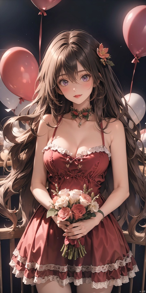  (((best))),8k,UHD,((masterpiece)),nsfw,best quality, best quality, amazing quality, very aesthetic,long hair, 1girl, solo, dress, bouquet, flower, long_hair, hair_ornament, pink_dress, hair_flower, purple_eyes, letter, looking_at_viewer, envelope, bird, balloon, breasts, holding, large_breasts, holding_bouquet, blush, bangs, heart_balloon, hair_between_eyes, standing, grey_hair, floating_hair,light_smile, christmas,nsfw