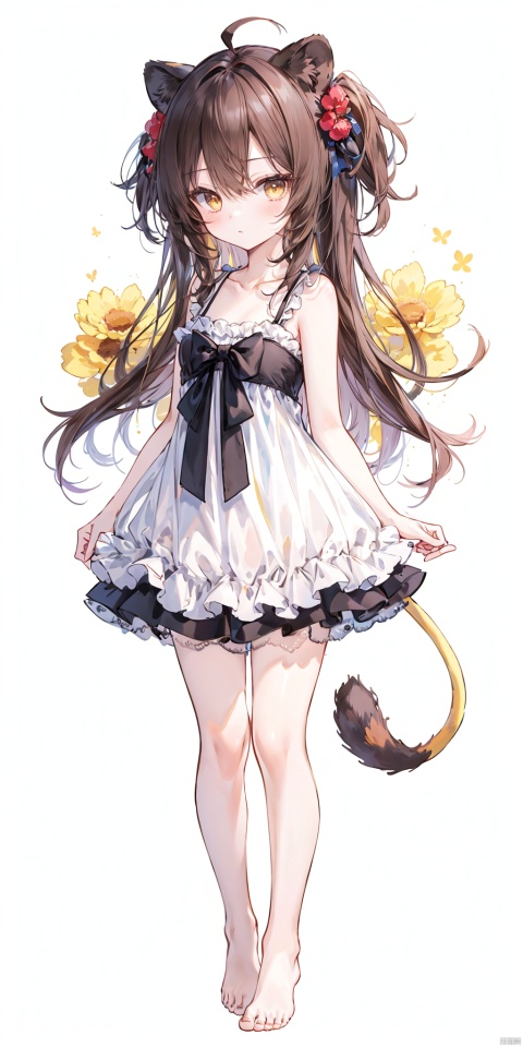  [(white background:1.4)::4], solo, (traditional media:1.3), round image, 
solo, chibi,
1girl, lion ears, lion tail, virtual youtuber, tail, dress, animal ears, solo, long hair, lion girl, white dress, ahoge, full body, yellow eyes, looking at viewer, barefoot, sleeveless dress, brown hair, standing, sundress, sleeveless, white background, bangs, bare legs, bare shoulders, hair between eyes, simple background, frilled dress, bare arms, closed mouth, collarbone, blush,(cute loli), backlight