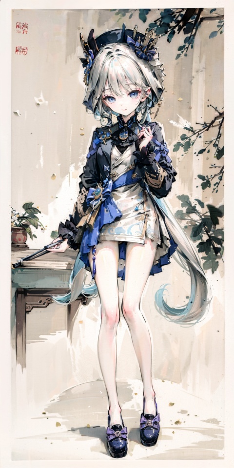  masterpiece, best quality, ,1girl,hat,long hair,ahoge,multicolored hair,low ponytail,blueeyes,ascot,brooch,longsleeves,jacket,bluebow,gloves,whiteshorts,thighstrap,standing,smile,(whiehair:1.2),full_body,鞋,shoe,(high heels),panda,Shen Mengxi's painting "Qianli Jiangshan" depicts a landscape in the style of the Song Dynasty
