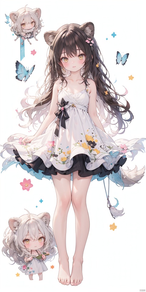  [(white background:1.4)::4], solo, (traditional media:1.3), round image, 
solo, chibi,
1girl, lion ears, lion tail, virtual youtuber, tail, dress, animal ears, solo, long hair, lion girl, white dress, ahoge, full body, yellow eyes, looking at viewer, barefoot, sleeveless dress, brown hair, standing, sundress, sleeveless, white background, bangs, bare legs, bare shoulders, hair between eyes, simple background, frilled dress, bare arms, closed mouth, collarbone, blush,(cute loli), backlight