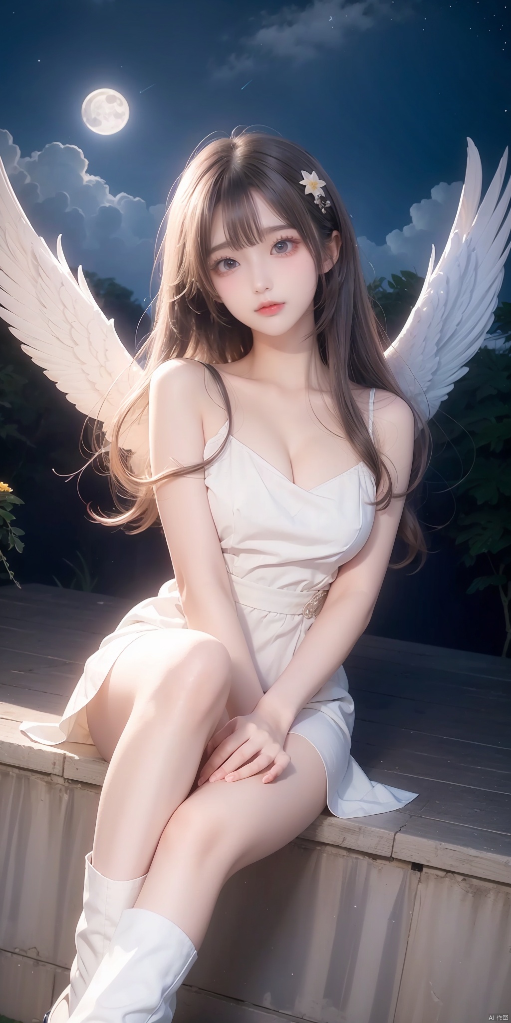 1girl, wings, long_hair, solo, yellow_eyes, flower, blue_flower, night, moon, cloud, rose, sitting, sky, blue_rose, dress, full_moon, night_sky, white_footwear, boots, feathered_wings, knee_boots, white_dress, capelet, white_hair, white_wings, full_body, short_sleeves, outdoors, cloudy_sky, bangs, floating_hair, angel_wings, looking_at_viewer, star_\(sky\), starry_sky, ((poakl)),****