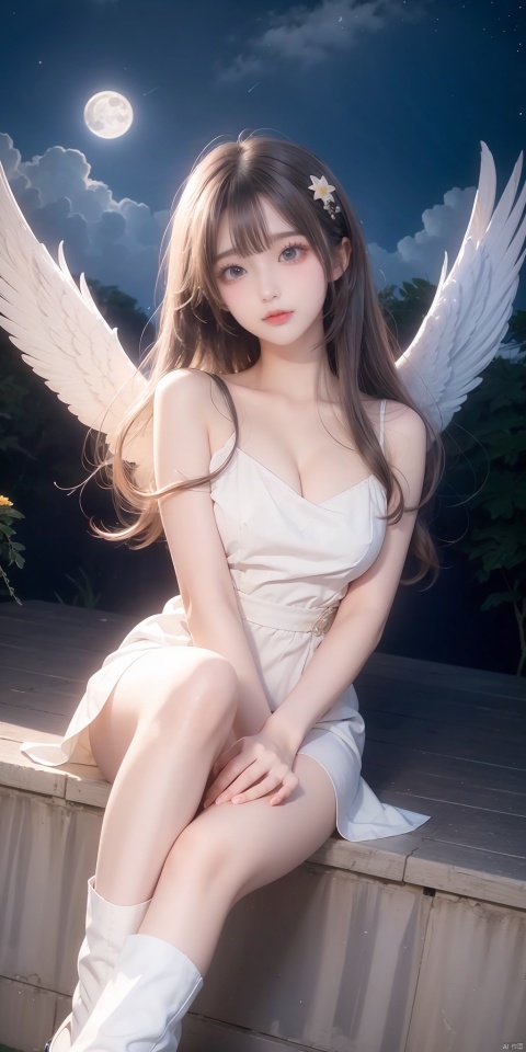 1girl, wings, long_hair, solo, yellow_eyes, flower, blue_flower, night, moon, cloud, rose, sitting, sky, blue_rose, dress, full_moon, night_sky, white_footwear, boots, feathered_wings, knee_boots, white_dress, capelet, white_hair, white_wings, full_body, short_sleeves, outdoors, cloudy_sky, bangs, floating_hair, angel_wings, looking_at_viewer, star_\(sky\), starry_sky, ((poakl)),porn
